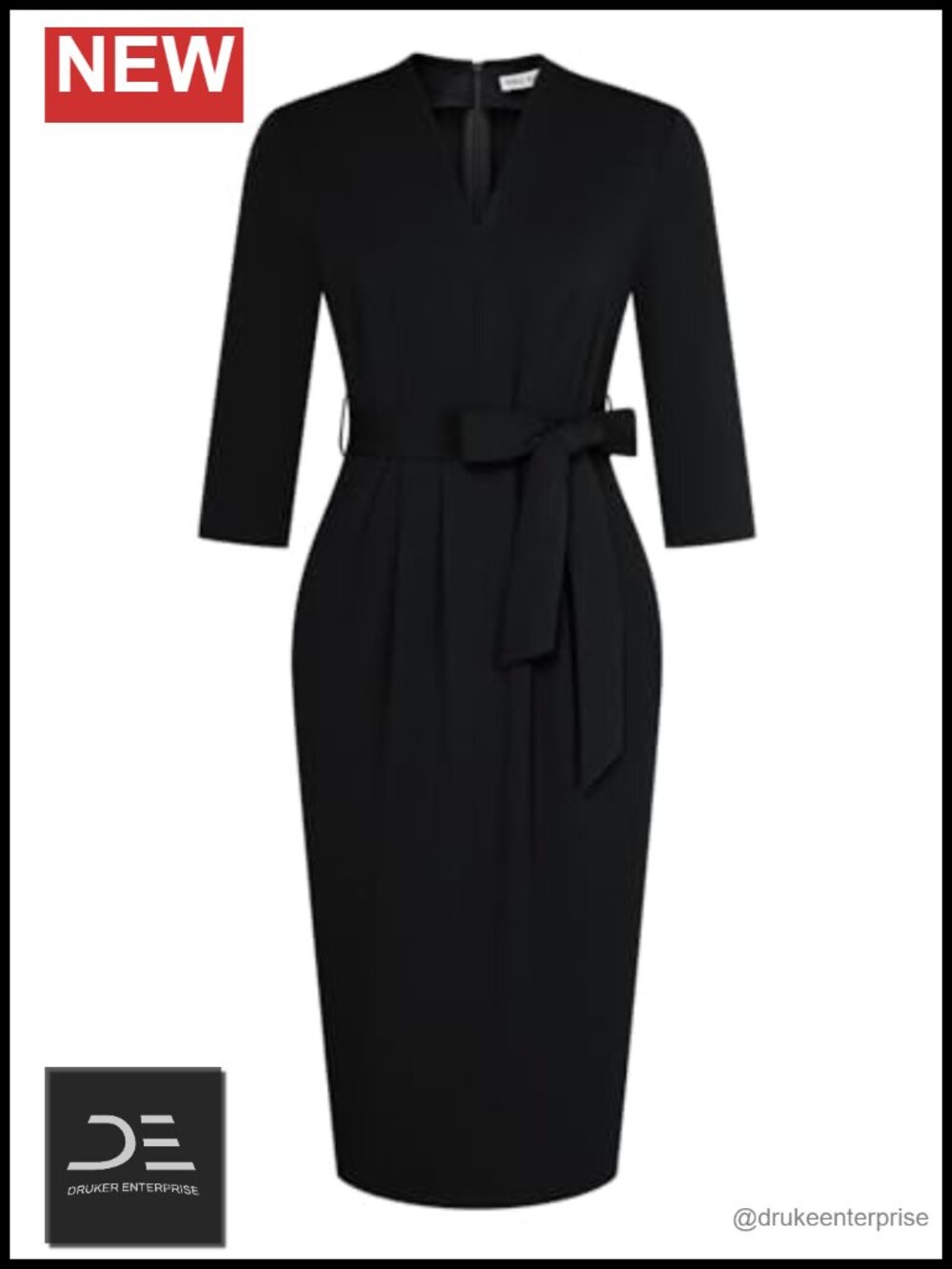 Women's 3/4 Sleeve Work Dress with Pockets Bodycon Belted V-Neck Below Knee